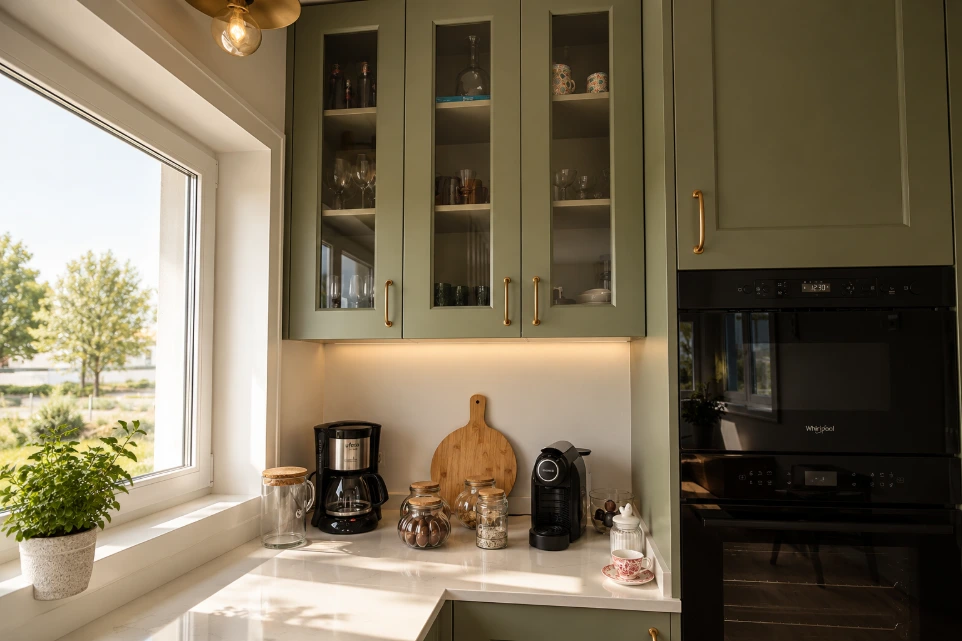 Detalhe dos armários da cozinha Olive da Wikit